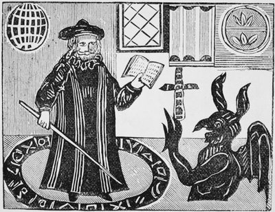 Dr. Faustus in een Magische Cirkel, frontispice van Gents vertaling van Dr. Faustus, gepubliceerd 1648 door English School
