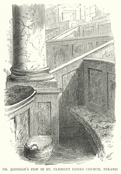 Dr Johnsons kerkbank in St Clement Danes Church, Strand (gravure) door English School