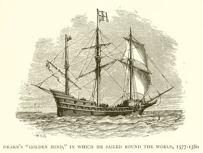 Drakes Golden Hind, waarmee hij de wereld rondzeilde, 1577-1580 door English School