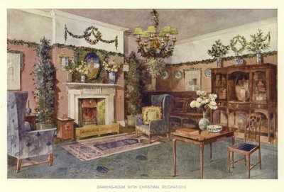 Woonkamer met kerstversieringen door English School