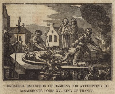 Vreselijke executie van Damiens voor poging tot moord op Lodewijk XV, koning van Frankrijk door English School