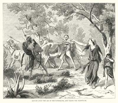 Het wegjagen van de ezel van de vaderloze en het nemen van de os van de weduwe (gravure) door English School