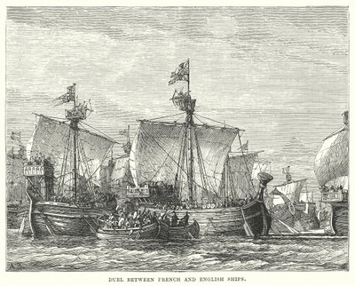 Duel tussen Franse en Engelse schepen (gravure) door English School