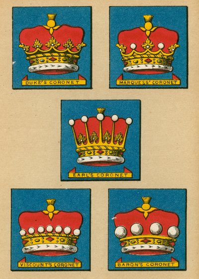 Hertogskroon. Markieskroon. Graafskroon. Burggraafskroon. Baronskroon door English School