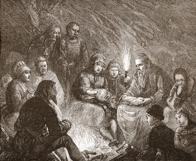 Nederlandse protestanten in schuilplaatsen, illustratie uit De Geschiedenis van het Protestantisme door James Aitken Wylie, 1878 door English School