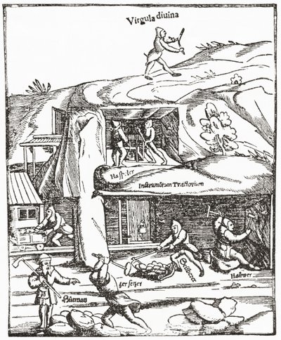 Vroege voorstelling van de Wichelroede, met een figuur met een wichelroede boven de grond op zoek naar water, kolen of goud en de mijnwerkers onder de grond die zwoegen om kolen te vinden. Uit The Strand Magazine gepubliceerd 1897. door English School