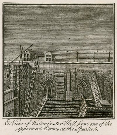 Oostelijk uitzicht op Westminster Hall vanuit een van de bovenste kamers bij de Speakers door English School