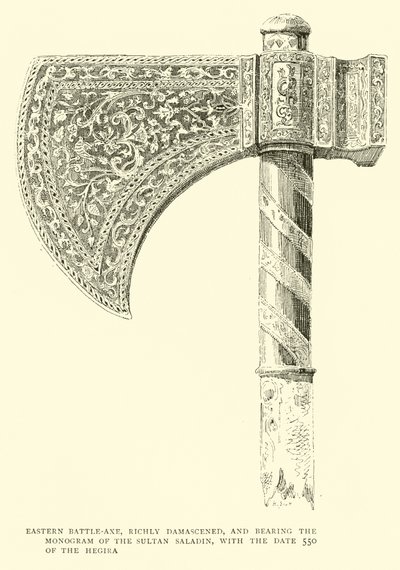 Oosterse strijdbijl, rijkelijk damasceens, met het monogram van Sultan Saladin en de datum 550 van de Hegira door English School