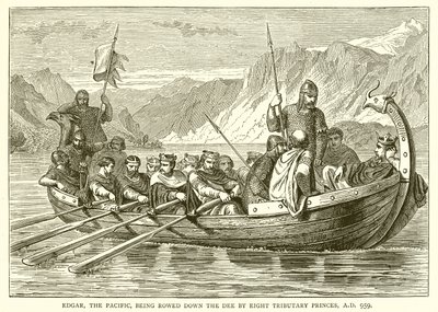 Edgar, de Vredelievende, wordt door Acht Onderworpen Prinsen over de Dee Gevaren, A.D. 959 door English School