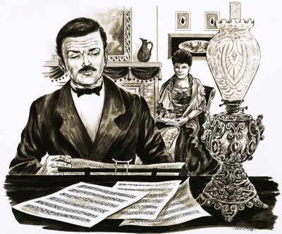 Edward Elgar aan het werk in zijn woonkamer door English School