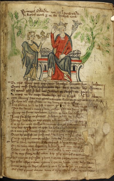 Edward II zittend op een troon, met scepter in de linkerhand, en zijn kroon aanrakend met zijn rechterhand door English School