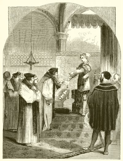Edward VI die het bevel voor de executie van Joan Bocher aan aartsbisschop Cranmer overhandigt door English School