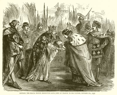 Edward de Zwarte Prins presenteert Koning Jan van Frankrijk aan zijn Vader, Edward III, 1357 door English School