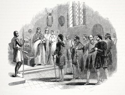 Edward de Eerste presenteert de Welshe stamhoofden een prins geboren onder hen, in Rhuddlan Castle door English School