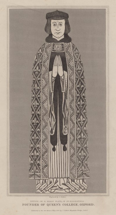 Beeld, op een koperen plaat, van Robert de Eglesfield, kapelaan van Philippa van Henegouwen en oprichter van Queen