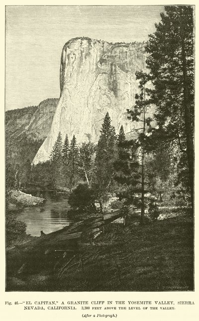 El Capitan, een granieten klif in de Yosemite Valley, Sierra Nevada, Californië, 3.300 voet boven het dalniveau door English School