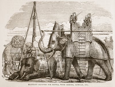 Olifant uitgerust voor de strijd, met harnas, howdah, enz., illustratie uit Cassells Geïllustreerde Geschiedenis van India door James Grant, uitgegeven 1879 door English School