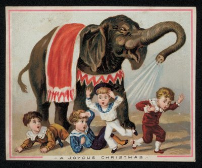 Olifant die speels kinderen besproeit met water, kerstkaart door English School