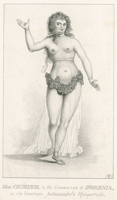 Elizabeth Chudleigh, in de rol van Iphigenia op het Venetiaanse Ambassadeurs Maskerade, Ranelagh, Londen door English School