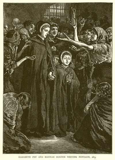 Elizabeth Fry en Hannah Buxton bezoeken Newgate, 1813 door English School