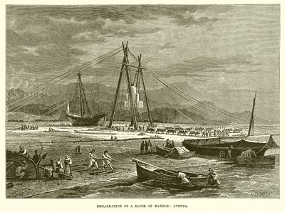 Inscheping van een blok marmer: Avenza (gravure) door English School