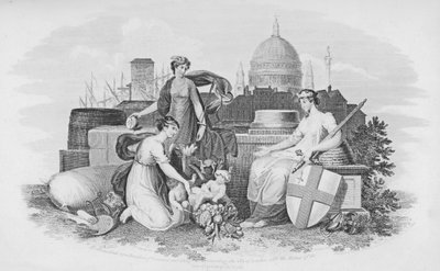 Emblematale voorstelling van Handel en Overvloed die de stad Londen de rijkdommen van de vier werelddelen aanbiedt door English School