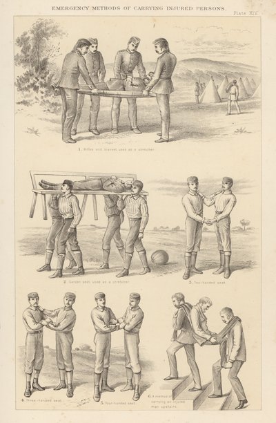Noodmethoden voor het dragen van gewonden (gravure) door English School