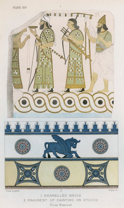 Geëmailleerde baksteen, Fragment schilderij op stucwerk, Nimroud (kleurenlitho) door English School