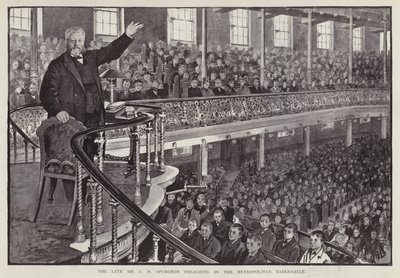 Engelse bijzondere baptistenprediker Charles Haddon Spurgeon die predikt in de Metropolitan Tabernacle, Londen door English School