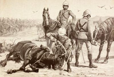 Engelse cavalerie die hun paarden water geeft tijdens de Mahdistische Oorlog, Soedan in de jaren 1880 door English School