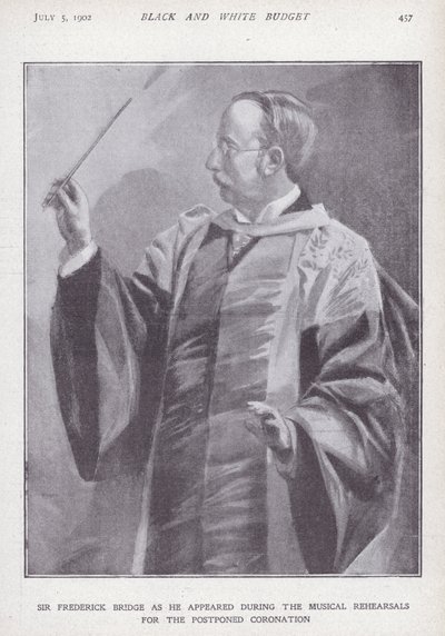 Engelse componist, organist en dirigent Sir Frederick Bridge die repeteert voor de uitgestelde kroning van koning Edward VII door English School