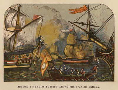 Engelse brandschepen branden tussen de Spaanse Armada (gekleurde gravure) door English School