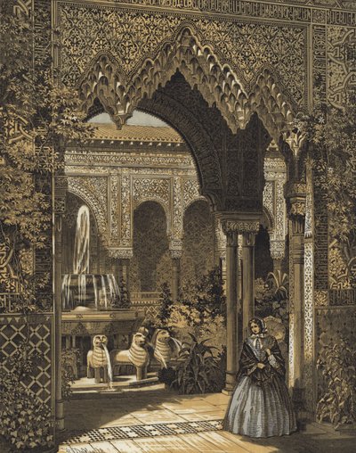 Ingang van het Hof van Leeuwen, het Alhambra Hof, Crystal Palace, Sydenham, Londen door English School