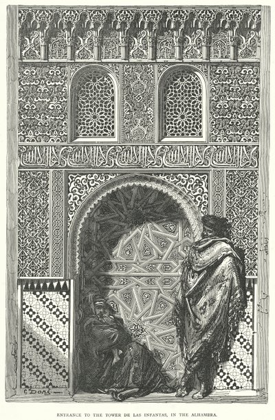 Ingang van de Tower de las Infantas, in het Alhambra (gravure) door English School