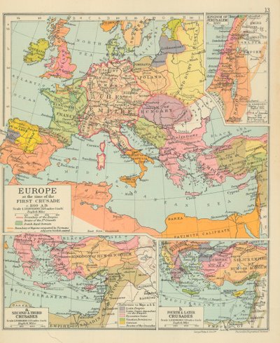 Europa ten tijde van de Eerste Kruistocht ca 1100 AD (kleurenlitho) door English School