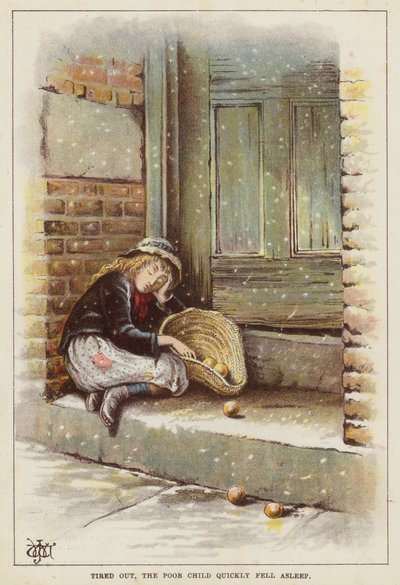 Uitgeput kind slapend op een stoep in de sneeuw door English School