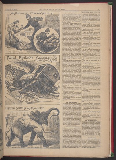 "DODELIJK SPOORWEGONGELUK BIJ WOOD-GREEN." Geïllustreerd politienieuws, 9 maart 1895 (krantenpapier) door English School