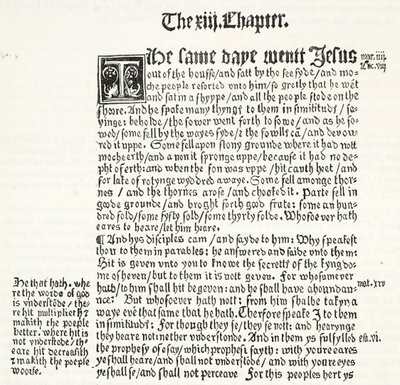 Facsimile van het Evangelie van Matteüs, Hoofdstuk XIII, verzen 1-15, uit Tyndales Testament, illustratie uit De Geschiedenis van het Protestantisme door James Aitken Wylie, 1878 door English School