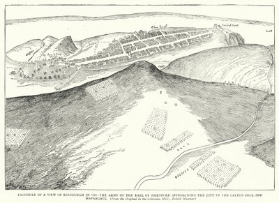 Facsimile van een Uitzicht op Edinburgh in 1544, het Leger van de Graaf van Hertford nadert de Stad via de Calton Hill en Watergate (gravure) door English School