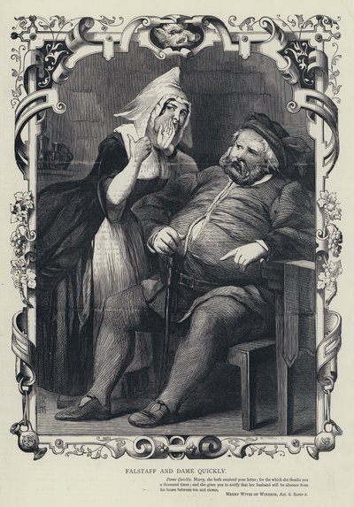 Falstaff en Dame Quickly, De Vrolijke Vrouwen van Windsor, Acte II, Scène 2 (gravure) door English School