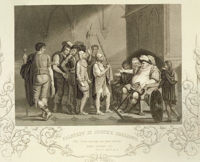 Falstaff bij Justice Shallows, in Henry IV (Deel 2) Act III Scene 2, door William Shakespeare (1564-1616) door English School