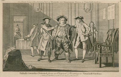 Falstaffs lafheid ontdekt, van een origineel schilderij in de Vauxhall Gardens, Londen door English School
