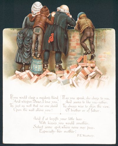 Familie leunt over muur en kijkt naar romantisch stel door English School