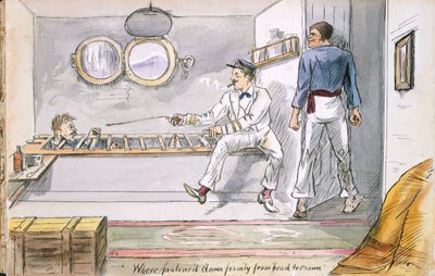 Stevig vastgebonden van kop tot teen... - de dominee krijgt een zeemansbehandeling tegen zeeziekte, uit Ye Pilgrimage of ye Revnd. Simpleheart, Adventures of a naive Missionary in the South Seas door English School