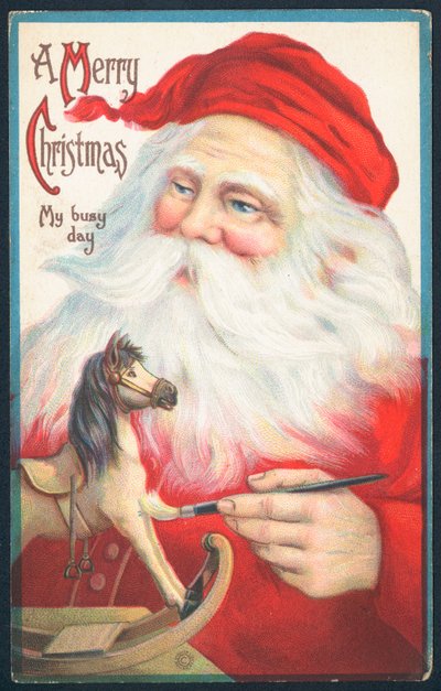 Kerstman schildert hobbelpaard, kerstkaart door English School