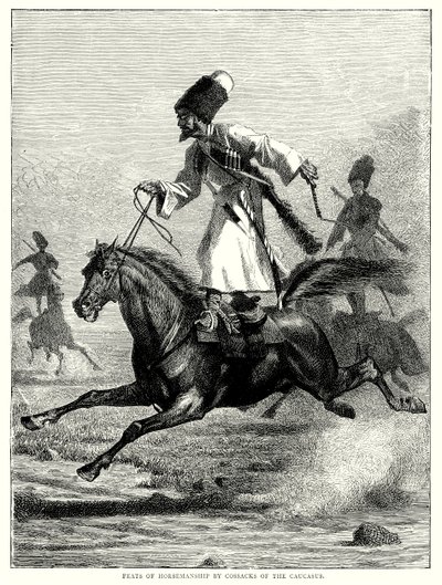 Ruitervaardigheden van Kozakken uit de Kaukasus (gravure) door English School