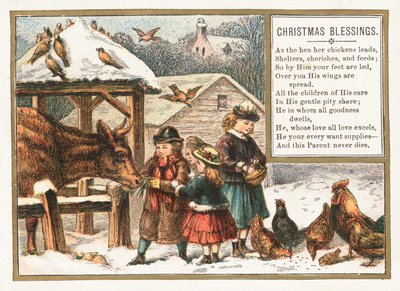 Dieren voeren in de sneeuw, Kerstkaart door English School