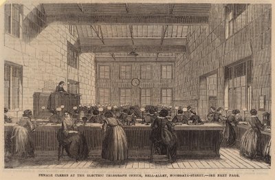 Vrouwelijke klerken bij het Electric Telegraph kantoor, Bell Alley, Moorgate Street door English School