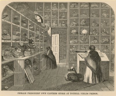 Kledingwinkel voor vrouwelijke gevangenen in Tothill Fields Prison door English School