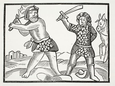 Ferragus verzamelt een machtig leger en belegert de stad Acquitain, illustratie uit Chap-books van de Achttiende Eeuw door John Ashton, uitgegeven 1882 door English School